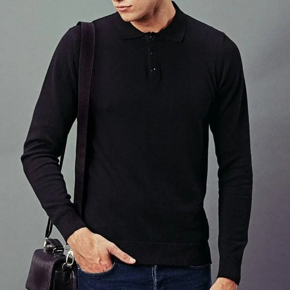 Paul James Black Knit Button Up Longsleeve Polo